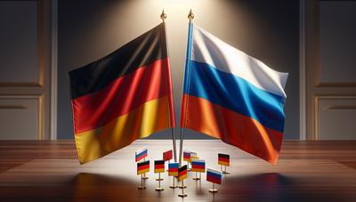 Deutsche und russische Flaggen mit Symbolen diplomatischer Spannungen.