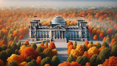 Deutsches Bundestagsgebäude mit herbstlichen Bäumen ringsum.