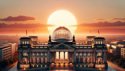 Deutsches Bundestagsgebäude mit Sonnenuntergang im Hintergrund.