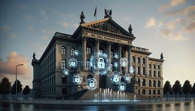 Deutsches Gerichtsgebäude mit digitalen Privatsphäresymbolen darum herum.