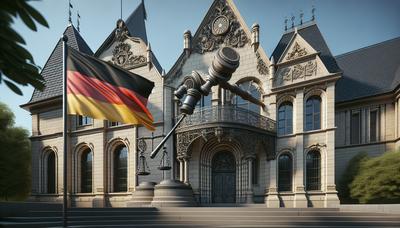 Deutsches Gerichtsgebäude mit Richterhammer und deutscher Flagge