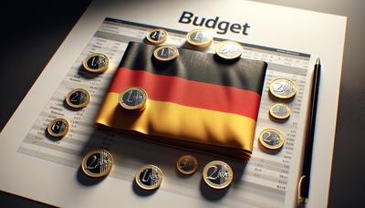 Deutsche Flagge und Euromünzen auf einem Haushaltsdokument