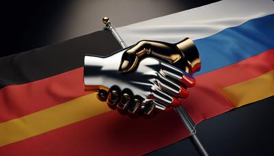 Deutsche Flagge und russische Flagge mit Handschlagsymbol