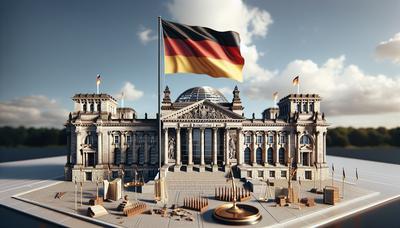 Deutsche Flagge über dem Bundestagsgebäude mit Symbolen der Demokratie.