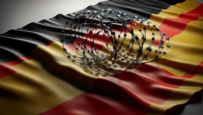 Bandera alemana superpuesta con alambre de púas desplazándose.
