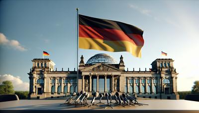 Deutsche Flagge mit dem Bundestagsgebäude und Mikrofonen.