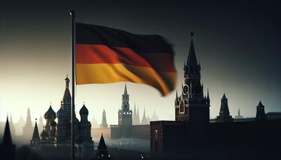 Deutsche Flagge mit schattenhafter Kreml-Silhouette im Hintergrund