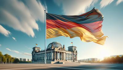 Deutsche Flagge mit dem Bundestag im Hintergrund.