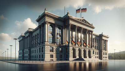 Deutsches Regierungsgebäude mit Flaggen auf Halbmast