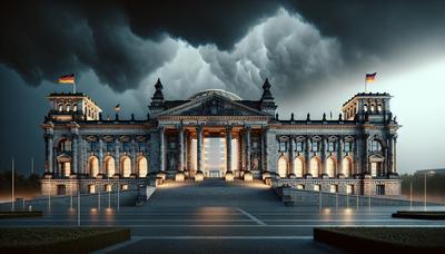 Deutsches Parlamentsgebäude unter stürmischem Himmel.