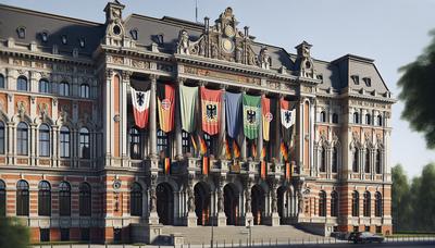 Deutsches Parlamentsgebäude mit angezeigten Wahlkampfbannern.