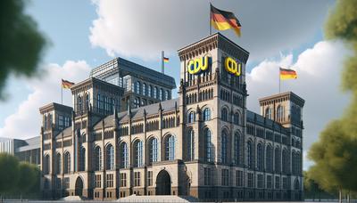 Deutsches Parlamentsgebäude mit CDU-Logo und Flagge