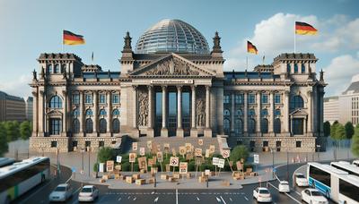 Deutsches Parlamentsgebäude mit Protestschildern und Fahnen.