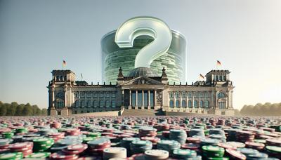 Deutsches Parlamentsgebäude mit Fragezeichen und Pokerchips.