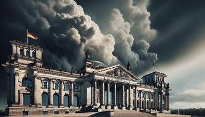 Deutsches Parlamentsgebäude mit stürmischem Himmel im Hintergrund