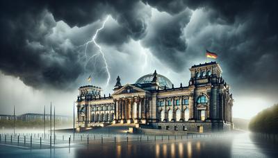 Deutsches Parlamentsgebäude mit stürmischem Wetter im Hintergrund.