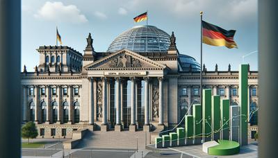 Duitse parlement met GroenLinksvlag en economische grafieken