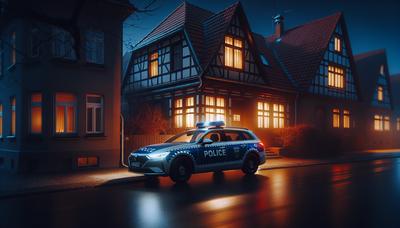 Deutsches Polizeiauto vor einem Wohngebäude bei Nacht.