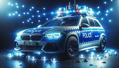 Deutsches Polizeiauto mit Blaulicht in der Nacht.