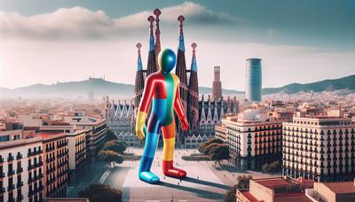 Figura inflable gigante con el fondo de Barcelona y sus monumentos.