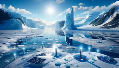 Paisaje glacial con instalaciones tecnológicas futuristas y sensores.