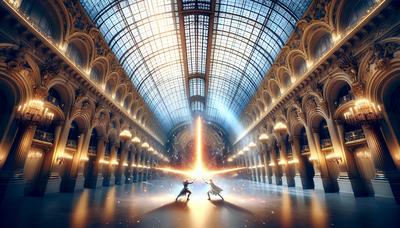 Épées lumineuses s'entrechoquant dans l'intérieur majestueux du Grand Palais.