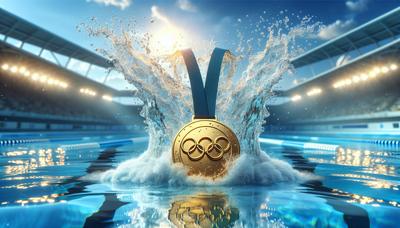 Médaille d'or et éclaboussures d'eau sur fond de piscine olympique