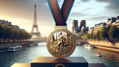 Médaille d'or sur le podium de triathlon avec en arrière-plan Paris.