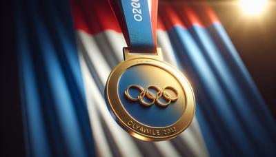 Médaille d'or avec anneaux olympiques et fond de drapeau français