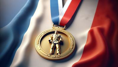 Médaille d'or de judo sur fond de drapeau français.