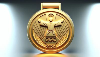 Médaille d’or de judo avec le logo Paris 2024 illuminé.