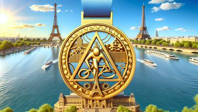 Médaille d'or sur fond de triathlon avec des monuments de Paris.