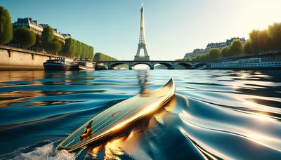 Planche de surf dorée glissant sur la Seine sous la Tour Eiffel.