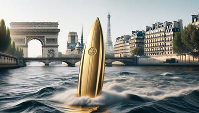 Planche de surf dorée dans la Seine avec la toile de fond des monuments de Paris