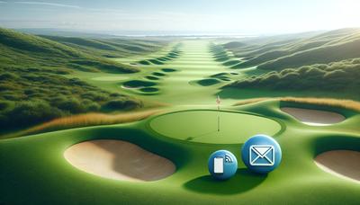 Parcours de golf avec des icônes de téléphone et d'email.