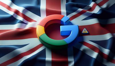 Google-Logo mit britischer Flagge und Warnsymbol