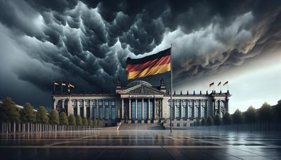 Regierungsgebäude unter bedrohlichen dunklen Wolken, Deutschlandflagge