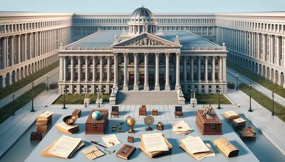 Edificio gubernamental con símbolos académicos y documentos oficiales.