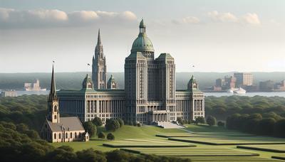 Regierungsgebäude mit Kirche im Hintergrund