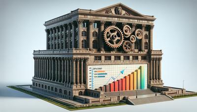 Edificio governativo con grafici di crescita dell'efficienza e ingranaggi.