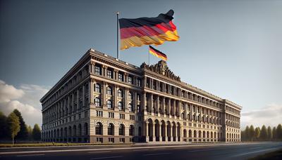 Regierungsgebäude mit hochfliegender Deutschlandflagge.