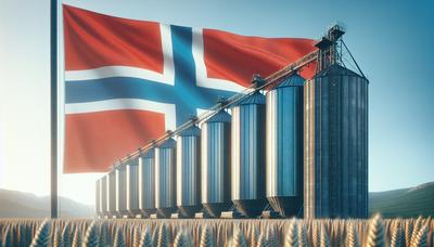 Silos de grãos com fundo da bandeira norueguesa