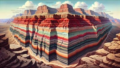 Querschnitt des Grand Canyon mit geologischen Schichten und Formationen.