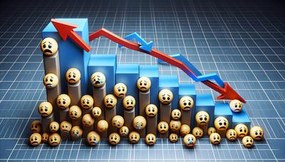 Gráfico em declínio com rostos preocupados e setas para cima