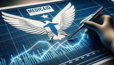 Grafico che mostra la previsione degli utili in calo e simbolo di Medicaid.