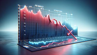 Gráfico mostrando mercado de trabalho em declínio e queda nas taxas de juros.