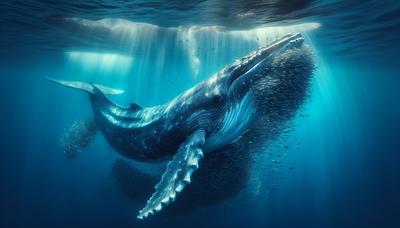 Baleine grise sous l'eau effectuant des acrobaties alimentaires avec grâce.