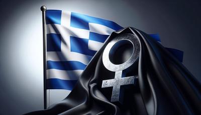 Griechische Flagge und Frauenrechtssymbol in Trauer.