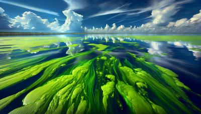 Florecimiento de algas verdes en la superficie del lago Okeechobee.