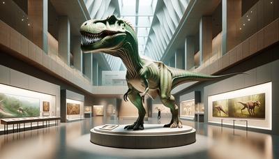 Estátua de dinossauro de ossos verdes na exposição do museu.